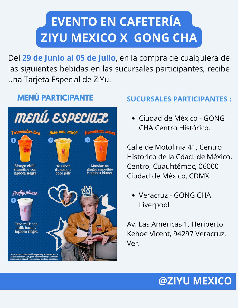 ZIYUMEXICOCF's tweet photo. Hoy damos comienzo a los proyectos de Celebración por el cumpleaños de ZiYu en México.

El día de hoy ya pueden pasar por sus bebidas del menú especial, por cada bebida recibirán una Tarjeta limitada de ZiYu! 

#ZiYu #梓渝 #FelizCumpleañosZiYu https://t.co/LwciIKvPmh