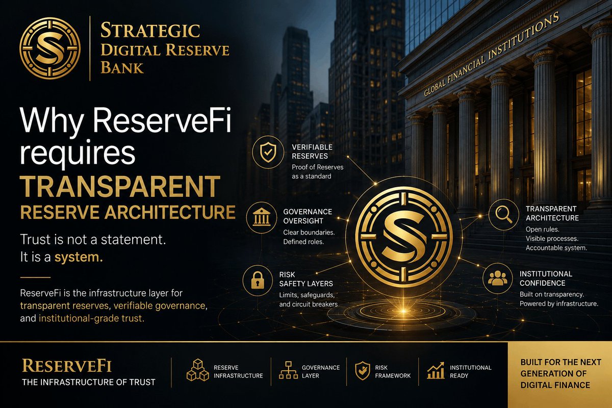 SDRB_io's tweet photo. Trust in digital finance cannot be built on promises.

It must be built on architecture.

ReserveFi is not about simply publishing wallet addresses.

It's about transparent reserve architecture:
• clear reserve composition
• defined governance
• risk safeguards
• verifiable reserve policies
• independent verification

Without transparent architecture, reserves remain a narrative.

With it, reserves become infrastructure.

That's how institutional trust is built.

Strategic Digital Reserve Bank (SDRB)

Building the ReserveFi category.

#ReserveFi #SDRB #DigitalFinance #ProofOfReserves #Governance #Treasury #RiskManagement #Blockchain #Web3 #Fintech