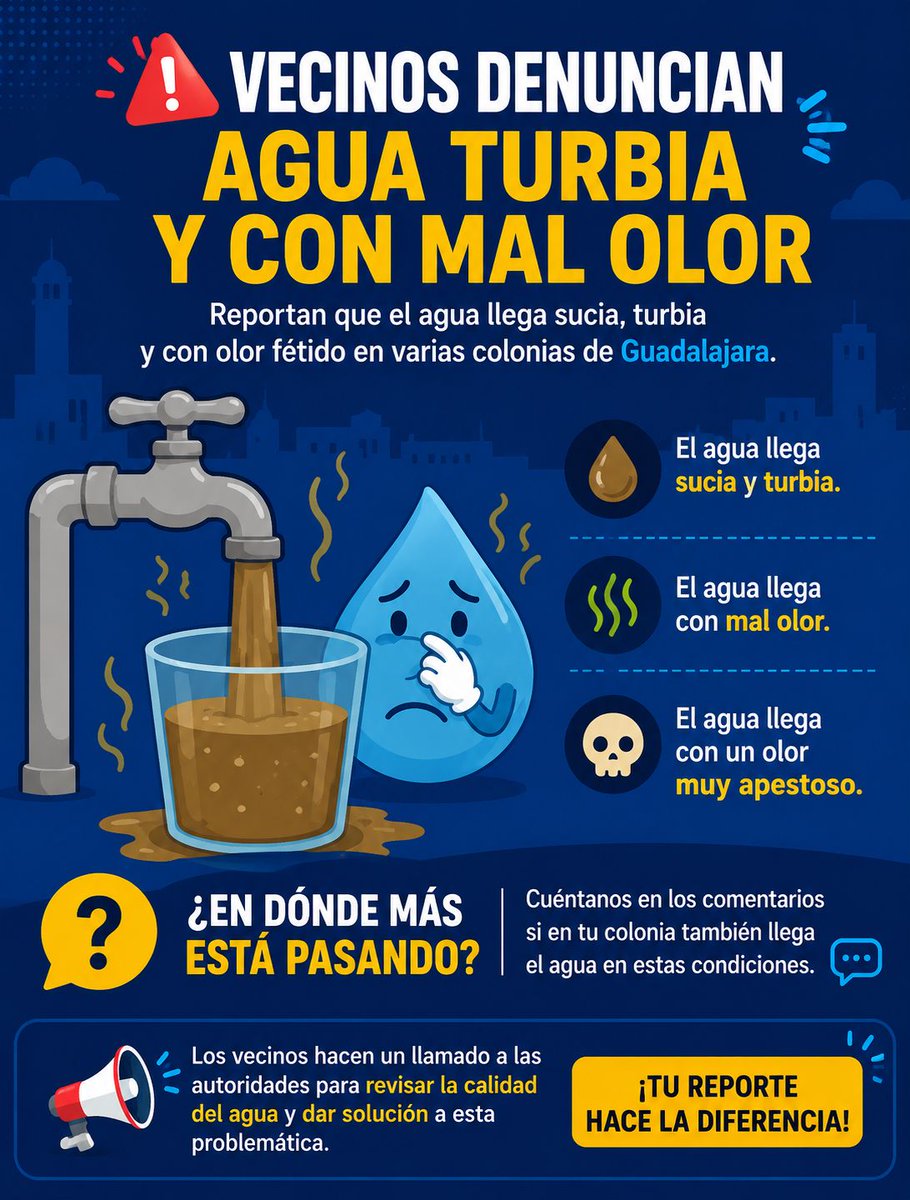 Trafico_ZMG's tweet photo. 🚰 Vecinos denuncian agua turbia y con mal olor en varias colonias de la Zona Metropolitana de Guadalajara.

Habitantes de Lomas del Gallo, El Zalate, San Marcos, La Florida, El Campanario y Agua Blanca, en Guadalajara y Zapopan, reportan que el agua potable presenta una apariencia turbia y, en algunos casos, un fuerte olor fétido. 😷👇🏼

Los ciudadanos piden la intervención de las autoridades y atender la problemática: @siapagdl , @GuadalajaraGob y @ZapopanGob ‼️

💬 ¿En tu colonia también está llegando el agua en estas condiciones? Cuéntanos en comentarios en qué zona te encuentras 🙏🏼  

#TráficoZMGPeriodismoCiudadano #DenunciaZMG