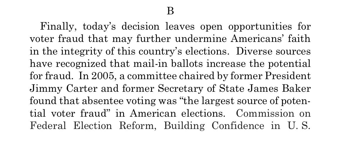 realLizUSA's tweet photo. Read Alito’s dissent on why Supreme Court just enabled more voter fraud:

“Allowing absentee ballots to pour in over the days and weeks after election day, by which point preliminary election returns are being publicly reported, creates greater opportunity for fraud and risks further undermining the public’s confidence in election integrity.”