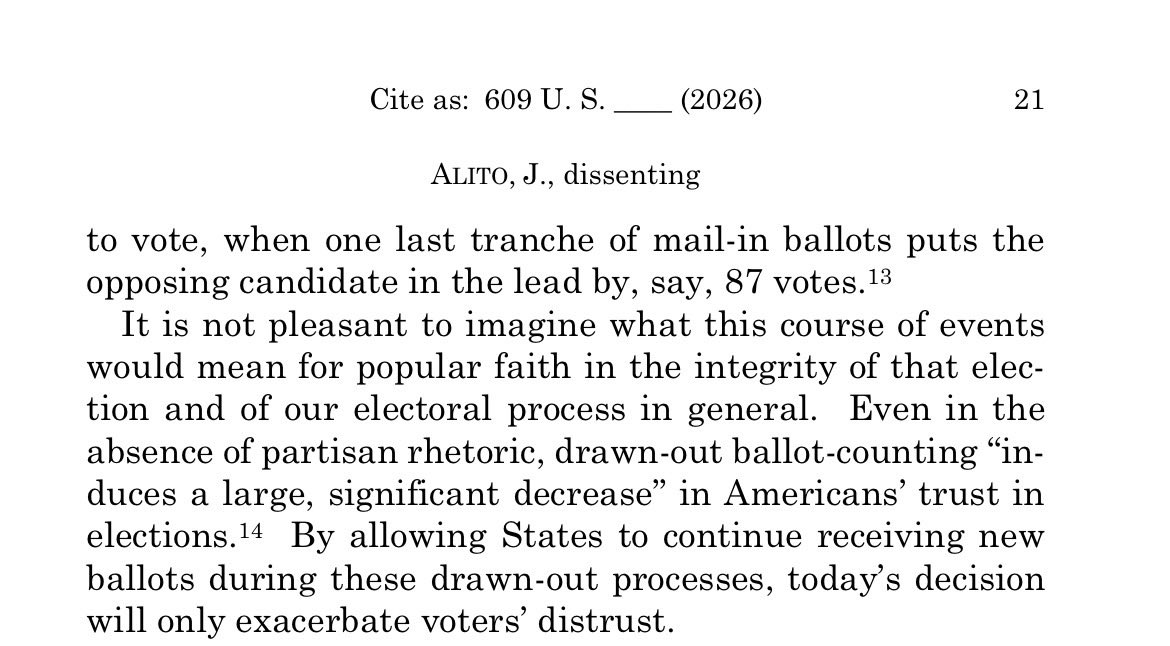 realLizUSA's tweet photo. Read Alito’s dissent on why Supreme Court just enabled more voter fraud:

“Allowing absentee ballots to pour in over the days and weeks after election day, by which point preliminary election returns are being publicly reported, creates greater opportunity for fraud and risks further undermining the public’s confidence in election integrity.”