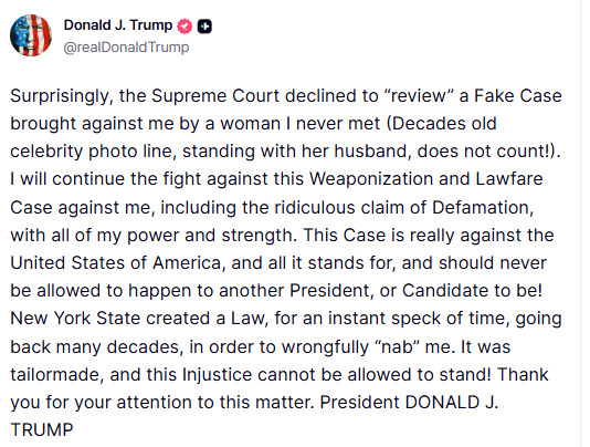 moenspum's tweet photo. 🚨 TRUMP SLAMS THE SUPREME COURT FOR LETTING LAWFARE STAND, THIS WAS A FAKE CASE FROM DAY ONE! 

“Surprisingly, the Supreme Court declined to ‘review’ a Fake Case brought against me by a woman I never met… This Case is really against the United States of America…” https://t.co/87AQm1GSJm