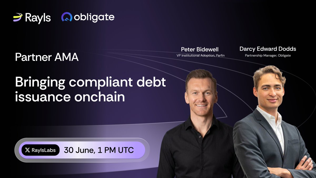 RaylsLabs's tweet photo. We'll be joined by Darcy Edward from @obligatecom to explore how regulated debt markets are moving onchain.  

Together with @petebidewell, we'll discuss blockchain-native debt, institutional issuance, and tokenised fixed-income products.  

📅 30 June 
🕐 1 PM UTC  

Don't miss it 🔔