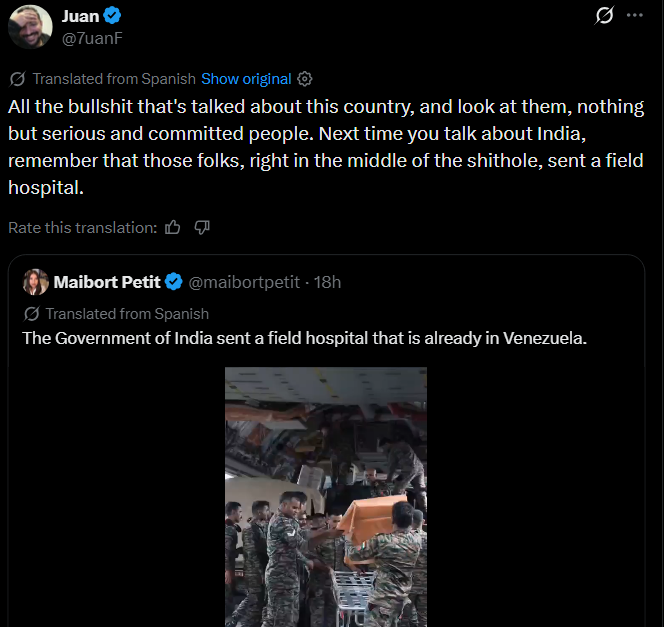 Royalsinghz3's tweet photo. This is the love &amp; PR India receives that no money in the world can buy

There are thousands of people praising India for immediately sending aid to Venezuela while also setting up open field Medical Camp, treating patients &amp; providing them medicines free of cost https://t.co/TmnA7OgBFk