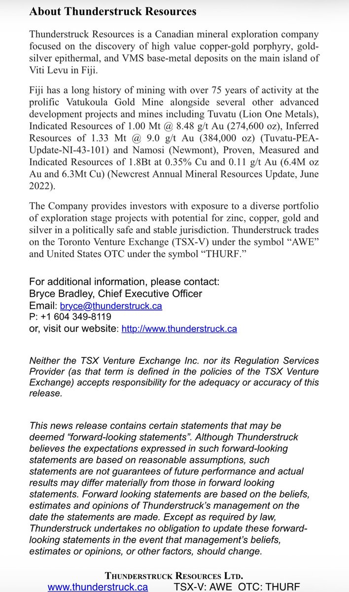 AWETSXV's tweet photo. Thunderstruck Resources receives  5 year exploration license renewal, advancing its Fiji mineral projects. https://t.co/fpRlpbk3an