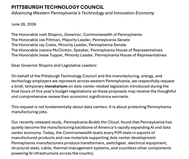 StephenJ_Caruso's tweet photo. Inbox: The Pittsburgh Technology Council sent the below letter to state legislative leadership asking for a "moratorium on data center-related legislation...during the final hours" of this year’s budget talks to allow for a "thoughtful and comprehensive review." https://t.co/X3tfVUDTvQ