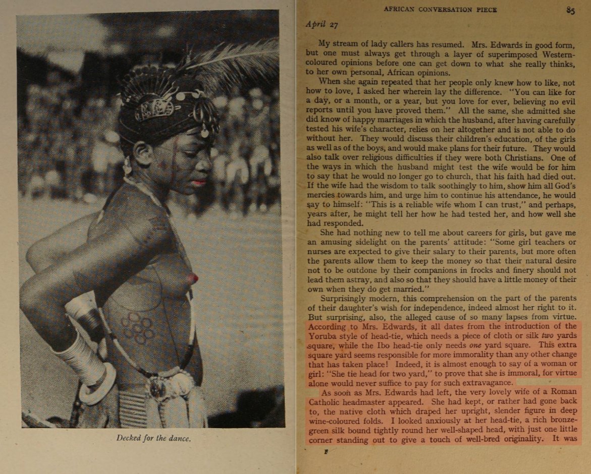yorubazza's tweet photo. Sylvia Leith-Ross, an Anthropologist - 1944 distinguished the Yoruba two yard voluminous head-dress from the traditional one yard (simple) Ibo head tie (ishafu). She recorded that the Yoruba style had been introduced to the Ibos, where some associated Gele with changing morals. https://t.co/vSrqiwZmkP