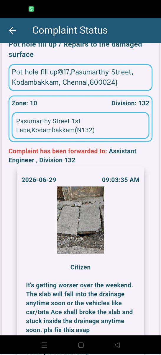 Suresh81k's tweet photo. I request Chennai corporation to fix the pot hole complaint number 2026-128DEI (raised on 06/27) before someone gets injured or the vehicle is getting damaged. Thank you.

Location: Pasumarthy Street, 1st Lane, Kodambakkam, Chennai - 24

@chennaicorp @PriyarajanDMK https://t.co/D8AMSDfwiR