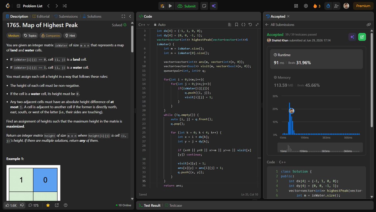 shahidx_05's tweet photo. Day 479 of #1001DaysOfCode Solved 4 DSA 
✅ Number of Strings That Appear as Substrings in Word
✅ Last Day Where You Can Still Cross
✅ Map of Highest Peak
✅ Max Dot Product With Zero Insertions
✅ 4 Codeforces problems 
✅ CodeChef DSA Monday Munch https://t.co/KhlI0Pun17