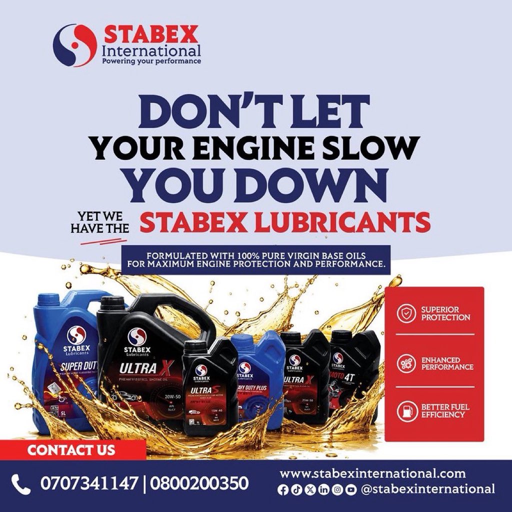 CapitalFMUganda's tweet photo. Your engine works hard reward it with the protection it deserves.
Choose STABEX Lubricants and keep every drive running at peak performance.
#StabexLubricants #DriveWithConfidence #PoweringYourPerformance https://t.co/V4n4nOIgvX