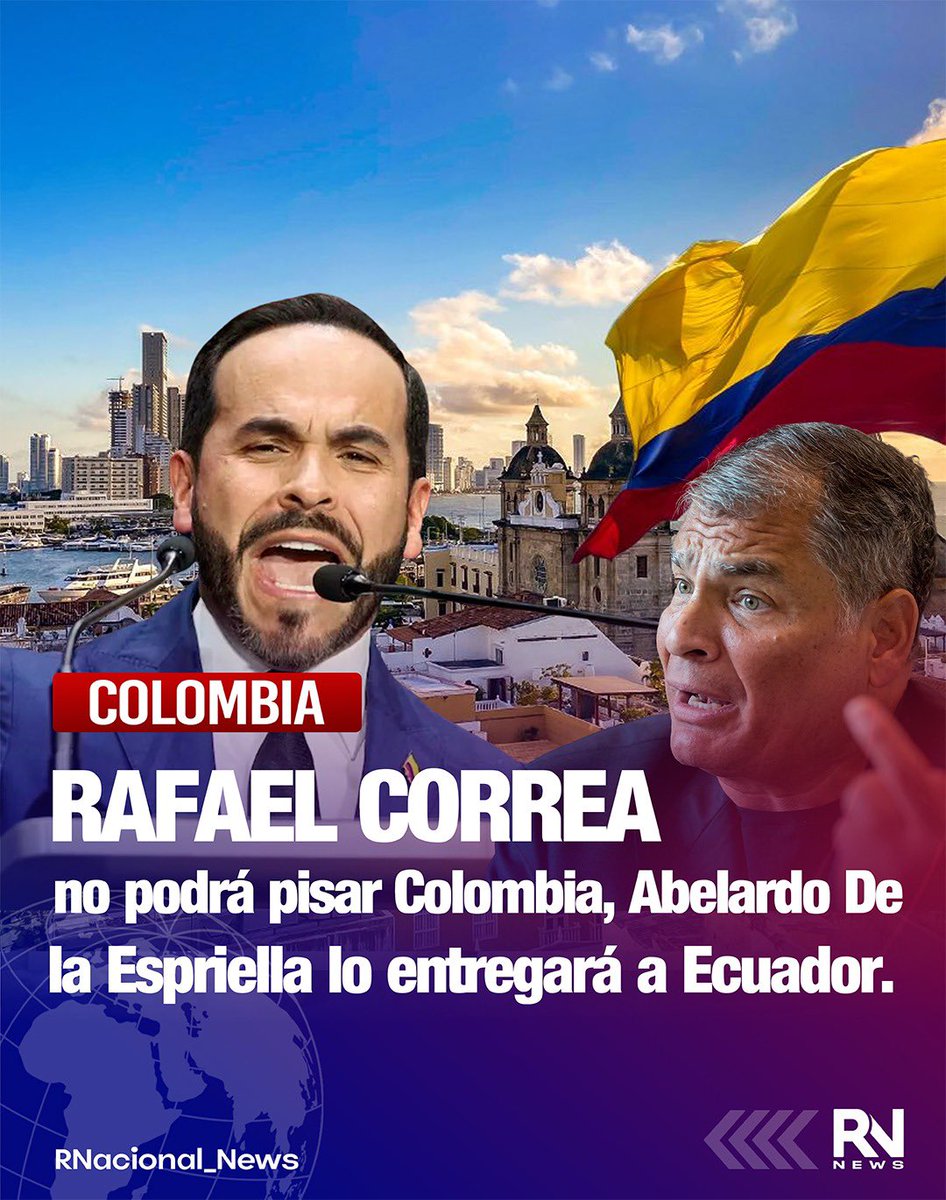 RNacional_News's tweet photo. 🔴 #Urgente Rafael Correa no podrá pisar Colombia, Abelardo De la Espriella lo entregará a Ecuador

En redes y medios ha circulado la versión de que el expresidente Rafael Correa no podría ingresar a Colombia y que el abogado colombiano Abelardo De la Espriella estaría impulsando acciones para su entrega a Ecuador.

Correa reside en Bélgica desde 2017. Tiene sentencias en Ecuador, incluida una de 8 años por cohecho en el caso Sobornos 2012-2016, dictada en 2020. Él ha negado los cargos y denuncia persecución política.