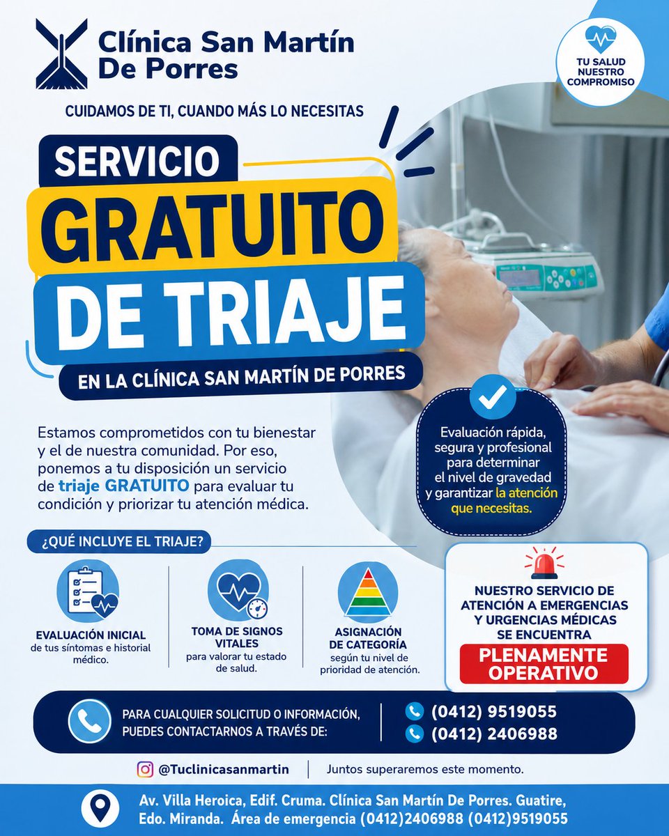 AGiovanetti's tweet photo. 🚨 COMUNICADO: Ante la emergencia por los sismos, en Clínica San Martín de Porres habilitaron TRIAJE GRATUITO para pacientes afectados.
📞 (0412)9519055
📞 (0412)2406988
#Triaje #Guatire #VenezuelaNoEstáSola https://t.co/01TF2yGYEn