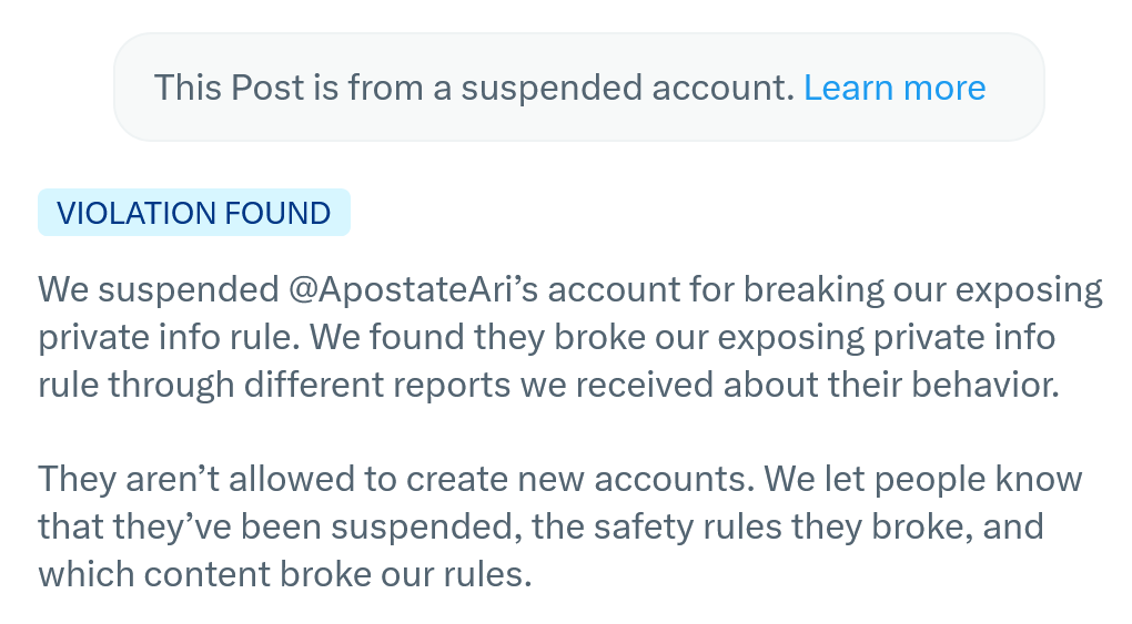 smith_john560's tweet photo. The notification X sent out says that Arianna Laureano's @ApostateAri account was suspended for violating their "exposing private info" rule. He has other accounts, including @Transphobe01, so I don't expect he'll stop being active on this platform. https://t.co/I29NoSKqte
