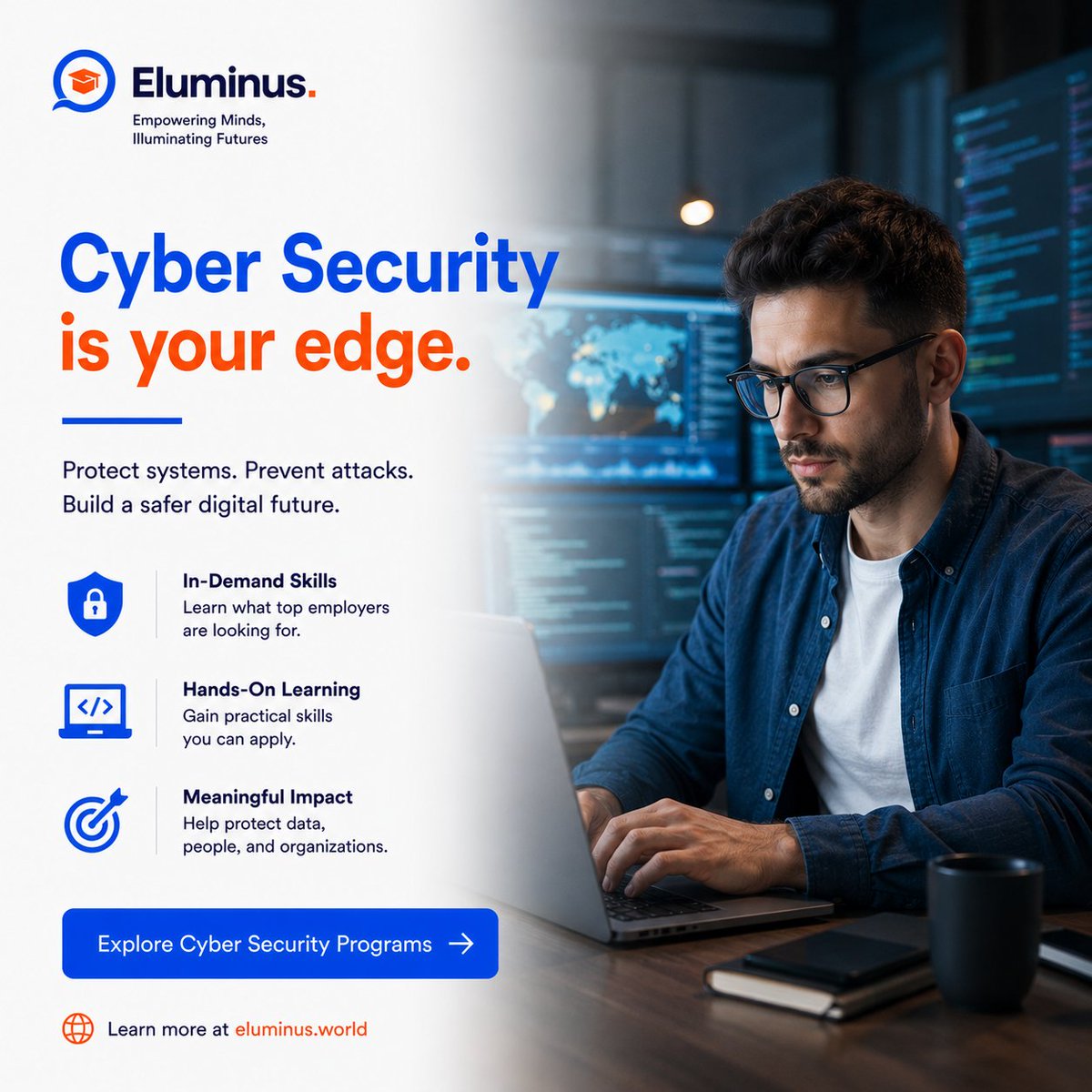 eluminusworld's tweet photo. π Cyber Security isn't just a careerβit's protecting the digital world.
Build practical skills. Explore career-focused programs. Start your journey today.
π https://t.co/mYCScasfDD
#CyberSecurity #TechCareers #StudyOnline #mondayvibes #careerchanger #mondaymotivation https://t.co/Fz5SPEYwu6