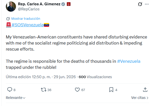 AndrewsAbreu's tweet photo. #URGENTE 12:54pm Congresista Carlos Gimenez:
"Mis constituyentes venezolano-americanos me han compartido evidencia alarmante del régimen socialista politizando la distribución de ayuda y obstaculizando los esfuerzos de rescate".  

¡El régimen es responsable de la muerte de miles en #Venezuela atrapados bajo los escombros!