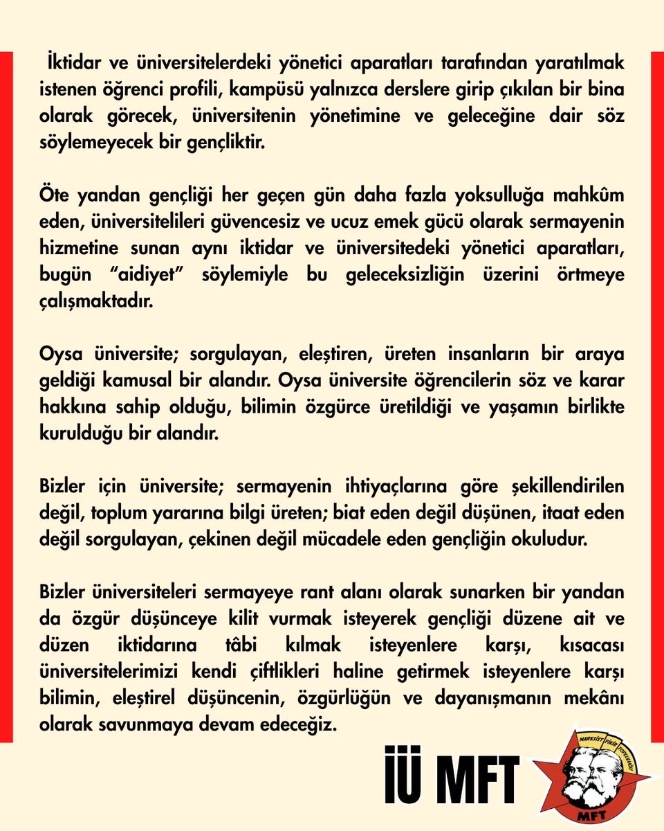 Mft_iu's tweet photo. 📢 Üniversitemiz İktidarın Arka Bahçesi Değildir! https://t.co/CjDVnIcuVa