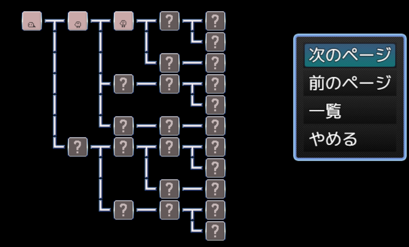 fuobaa's tweet photo. 携帯ペットゲームの成長ツリーを表示する機能を作ってます。図鑑が埋まるとアイコンが「？」から変化します。
ペットの種類は26で締めとします。

#RPGツクールMZ https://t.co/Lp7rfWBSjN