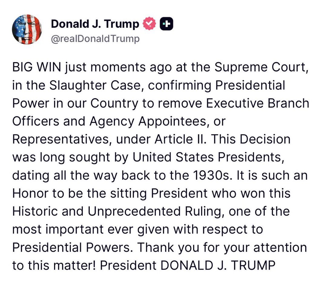 ConstitustionX's tweet photo. 🚨 HISTORIC POWER SHIFT! 🚨
President Trump just DROPPED A BOMBSHELL — hailing the Supreme Court’s MASSIVE ruling as a MONUMENTAL VICTORY for America!
In a thunderous declaration, Trump proclaimed the Court has RESTORED sweeping presidential authority under Article II, empowering him to FIRE executive officials at will and crush decades of deep-state roadblocks!
“This ends the 1930s nightmare once and for all!” — Presidents have fought for this for nearly a CENTURY.
The Executive Branch is BACK under the People’s President!
No more unelected bureaucrats hiding behind fake “protections.”
What a time to be alive! 🇺🇸💥
#TrumpSupremeCourtWin #ArticleII #DrainTheSwamp #MAGA
