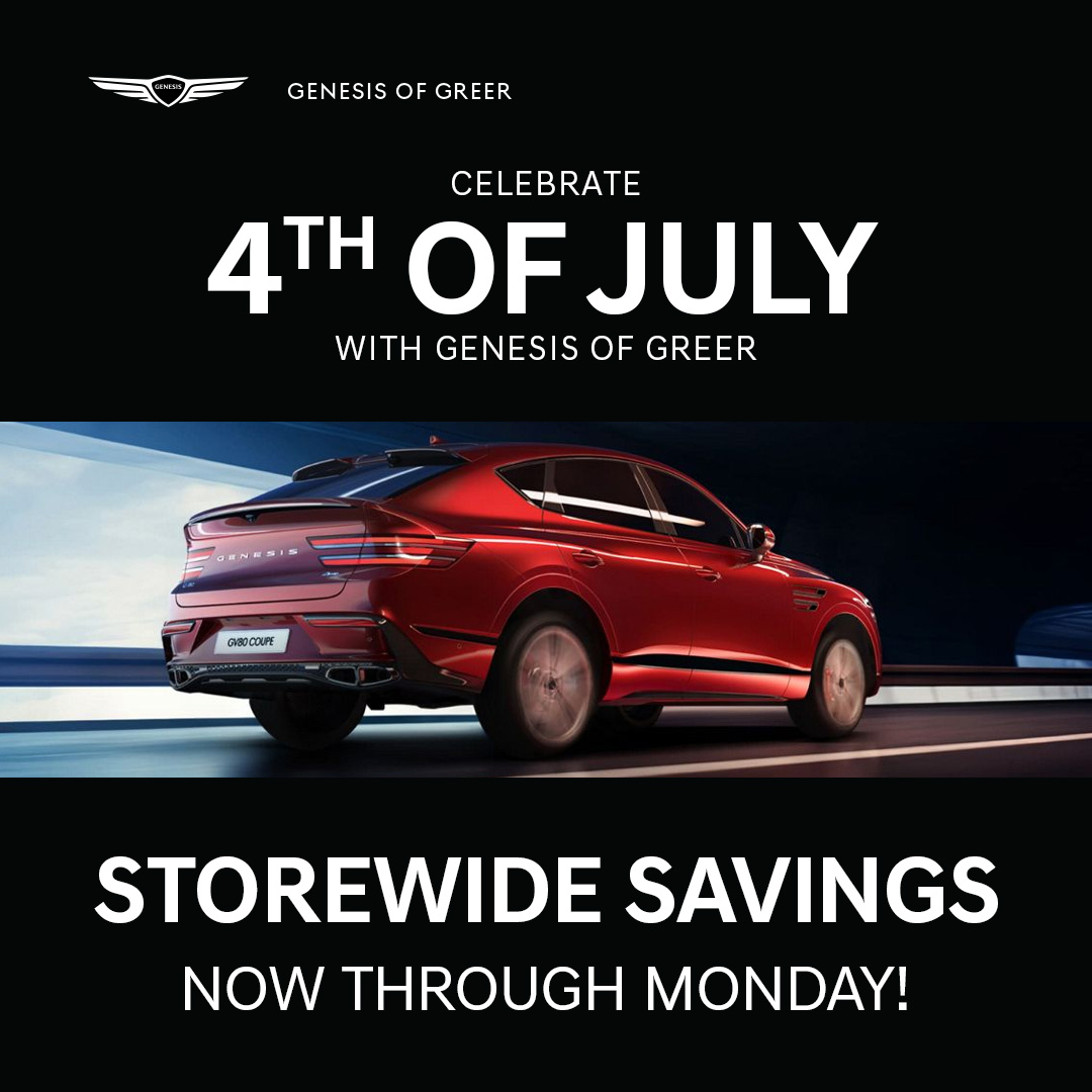 GenesisGreerSC's tweet photo. 🇺🇸 Celebrate the 4th of July with luxury and exceptional savings with us! Now through Monday, enjoy storewide offers on our lineup of premium Genesis vehicles. Visit us today and elevate your drive. ✨

#FourthOfJuly #Savings #GenesisOfGreer https://t.co/FjUrNQ5pap