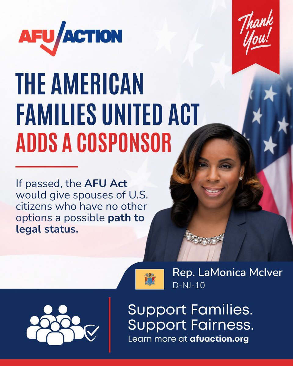 afuashley's tweet photo. The American Families United Act adds a cosponsor! 🥳 Thank you to Rep. LaMonica McIver (D-NJ-10) @RepLaMonica for supporting American families. If passed, the AFU Act would give spouses of U.S. citizens a path to legal status.

Learn more at: https://t.co/FRcabNTvUd https://t.co/fnEVpFFyWi
