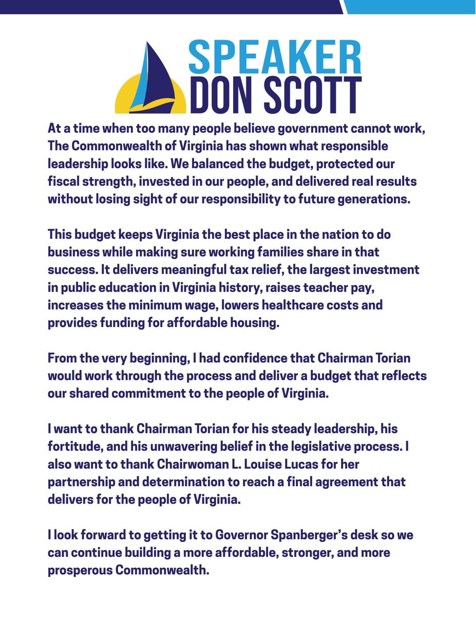 SpeakerDonScott's tweet photo. At a time when too many people believe government cannot work, The Commonwealth of Virginia has shown what responsible leadership looks like. 

Read my full statement on the budget's final passage: https://t.co/iwqM4SE4kD