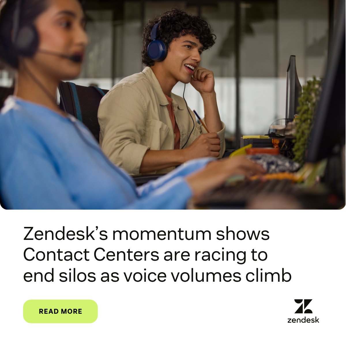 Zendesk's tweet photo. Voice still drives 40% of contact center volume, and 75% of leaders say legacy tools block omnichannel service. 

Zendesk Contact Center is helping teams break down silos and deliver AI-first voice at scale: https://t.co/smfVx4KYTq https://t.co/d8omSM9wVa