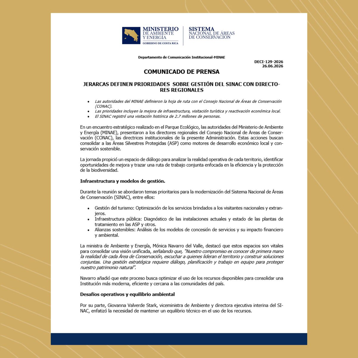 CRMinae's tweet photo. JERARCAS DEFINEN PRIORIDADES  SOBRE GESTIÓN DEL SINAC CON DIRECTORES REGIONALES
La jornada propició un espacio de diálogo para analizar la realidad operativa de cada territorio, identificar oportunidades de mejora y trazar una ruta de trabajo conjunta enfocada en la eficiencia https://t.co/y6KvmIiqpD