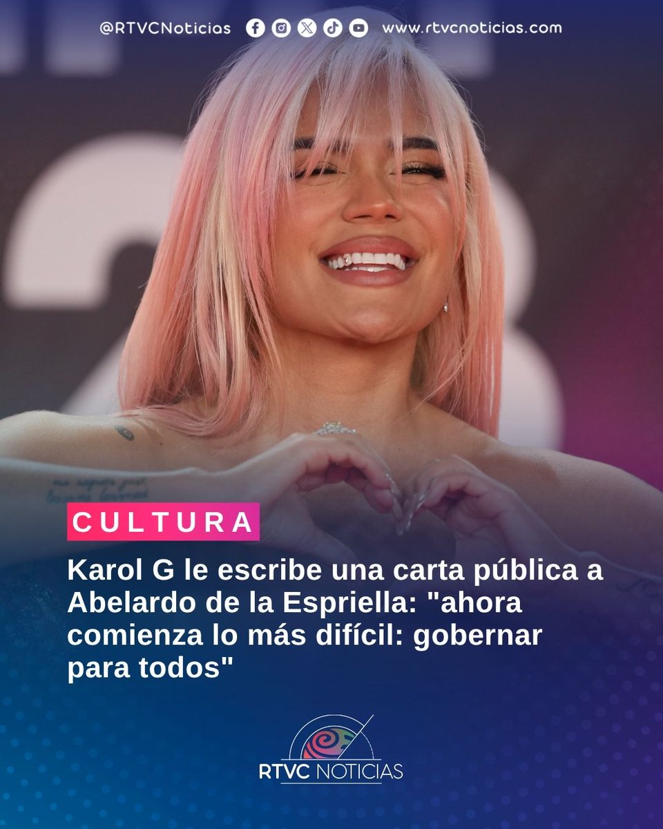 RTVCnoticias's tweet photo. #Cultura La cantante colombiana, Karol G, publicó un mensaje dirigido al mandatario electo en el que le pide gobernar para todos los colombianos, sin distinción de quienes votaron o no por él, y recordarle que el poder recibido es "una responsabilidad" y no "un trofeo".

📰Amplía la noticia aquí ⤵️
https://t.co/fjO20ic0RN