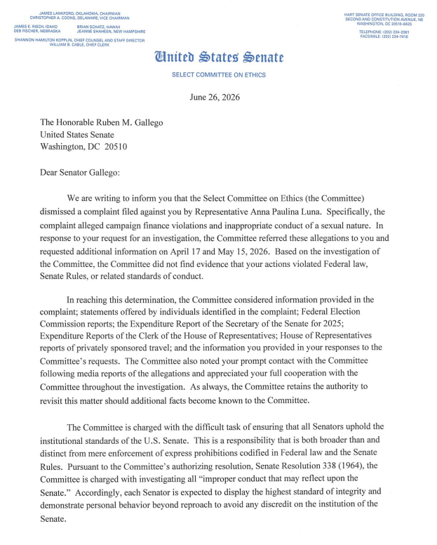 brahmresnik's tweet photo. JUST IN U.S. Senate Ethics Committee dismisses complaint vs Democratic @SenRubenGallego filed by GOP Rep. Anna Paulina Luna. Letter:  https://t.co/cOF4B2t2Dw https://t.co/zKQfaHoXIn