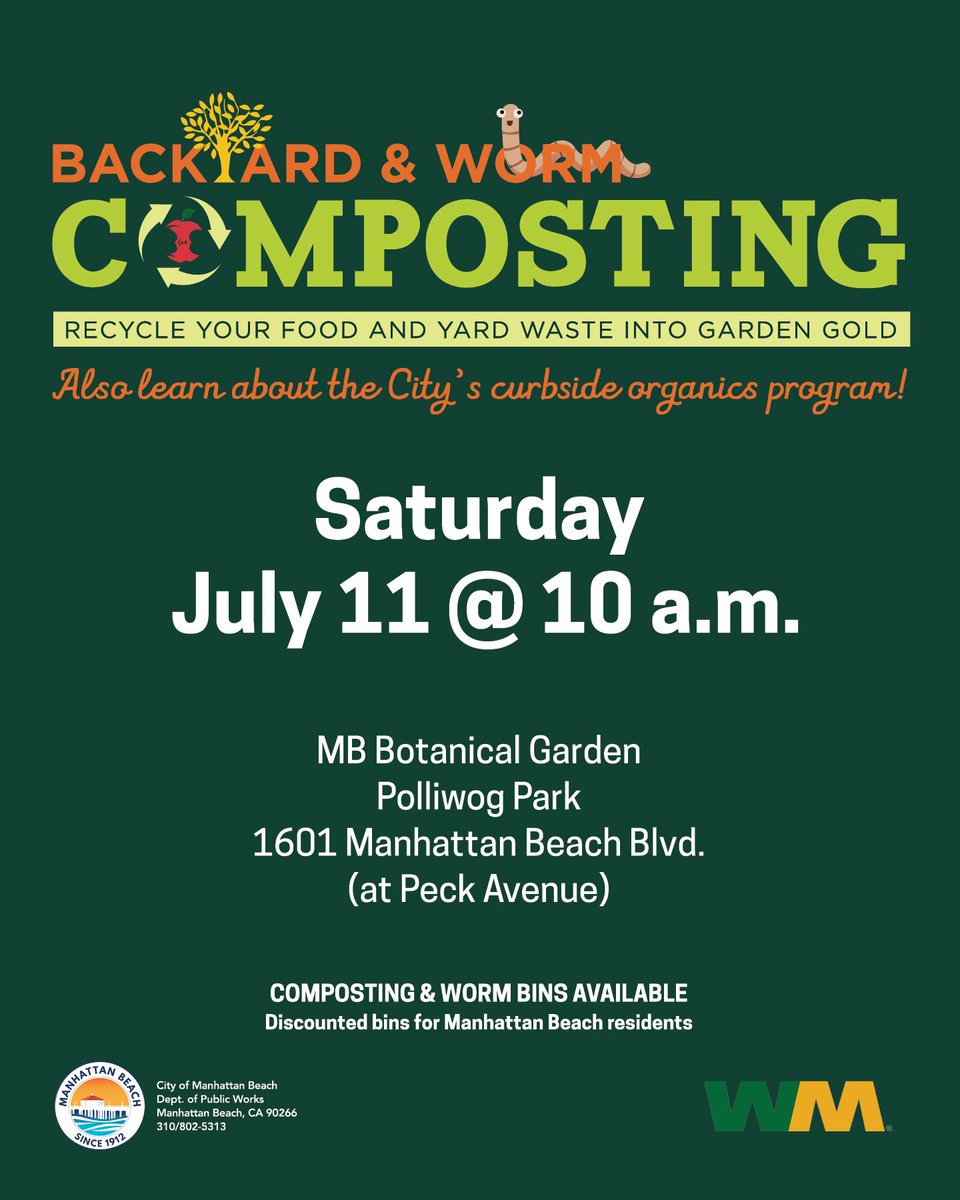 citymb's tweet photo. Join us for a Backyard &amp; Worm Composting Workshop on Saturday, July 11 at 10 a.m. at the MB Botanical Garden at Polliwog Park.

Learn backyard composting, worm composting &amp; the City’s curbside organics program. Discounted bins available for MB residents. ♻️ https://t.co/5HR4tdYPDM