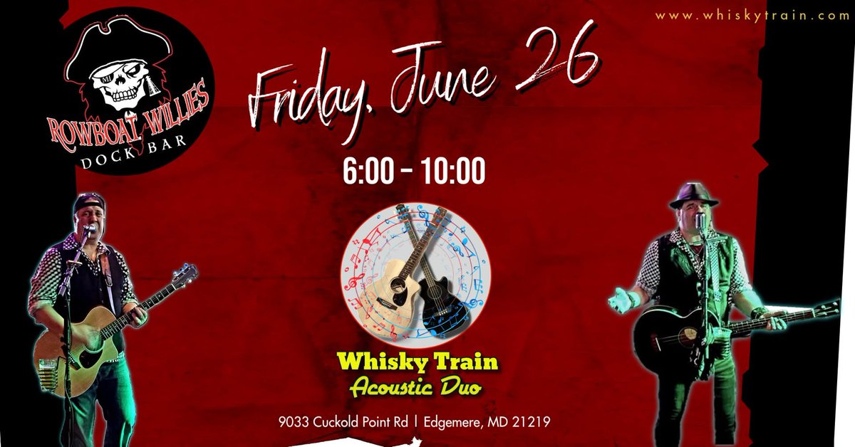 WhiskyTrain's tweet photo. 𝐅𝐑𝐈𝐃𝐀𝐘, 𝐉𝐔𝐍𝐄 𝟐𝟔 | 𝐑𝐎𝗪𝐁𝐎𝐀𝐓 𝗪𝐈𝐋𝐋𝐈𝐄’𝐒 | 𝟔:𝟎𝟎
The Whisky Train Acoustic Duo can’t wait to return to Rowboat Willie’s!  This show is ALL-AGES so bring the whole family (if you wish) and enjoy a beautiful summer evening singing along with us. https://t.co/mOAYmaE8Vp