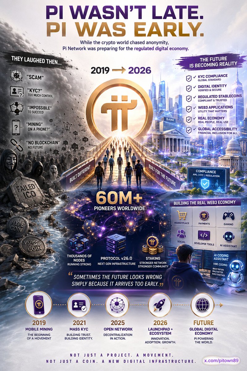 pitown89's tweet photo. 🔥 PI WASN'T LATE. PI WAS EARLY ☘️💥

Back when Pi Network first launched, many people who invited others to mine Pi were mocked.

↳ "It's a scam."
↳ "Why does a crypto project need KYC?"
↳ "Why would anyone verify their identity for a mobile coin?"
↳ "This will never work."

At the time, the crypto industry was deeply focused on anonymity, freedom, and operating outside traditional systems. Pi looked like the odd one out — moving against the current, adding layers of identity verification and compliance that many considered unnecessary.

Fast forward to today, and the picture looks very different.

🔹 KYC & Regulatory Compliance

Governments around the world are tightening regulations on digital assets.

From the United States discussing frameworks such as the CLARITY Act, to Europe implementing MiCA regulations, the direction is becoming increasingly clear:

→ Identity verification
→ AML compliance
→ Consumer protection
→ Regulatory accountability

The very thing many people laughed at years ago is gradually becoming the admission ticket into the regulated digital economy.

Perhaps Pi wasn't behind.

Perhaps Pi was simply early.

🔹 Real Utility & Ecosystem

Critics once claimed Pi was "just a mobile coin" with no blockchain, no applications, and no real use case.

Today, the network has:

→ 60M+ registered Pioneers worldwide 🌎
→ A growing ecosystem of applications 📱
→ App Staking mechanisms supporting ecosystem growth 📈
→ AI-assisted development tools and Vibe Coding 🤖
→ A large Node infrastructure preparing for Protocol v26.0 ⚙️

Rather than focusing solely on speculation, Pi is attempting to build something much harder:

A Web3 economy with real users, real businesses, and real utility.

After years of market cycles, exchange collapses, rug pulls, anonymous projects, and broken promises, the digital asset industry seems to be moving toward a destination that looks increasingly familiar:

✅ Compliance
✅ Verified identity
✅ Real-world utility
✅ Sustainable ecosystems

Pi Network is no longer the lonely project moving against the current.

A growing argument can be made that the current itself is beginning to move toward the foundations Pi has been building for years.

💭 What do you think?

Was Pi ahead of its time...
or is the industry simply catching up to the vision Pi had from the beginning?

👇 Share your thoughts below.

♻️ Repost
💭 Comment
❤️ Follow https://t.co/LrYeO6qqbJ
🛎️ Turn on Notifications for more high-quality analysis