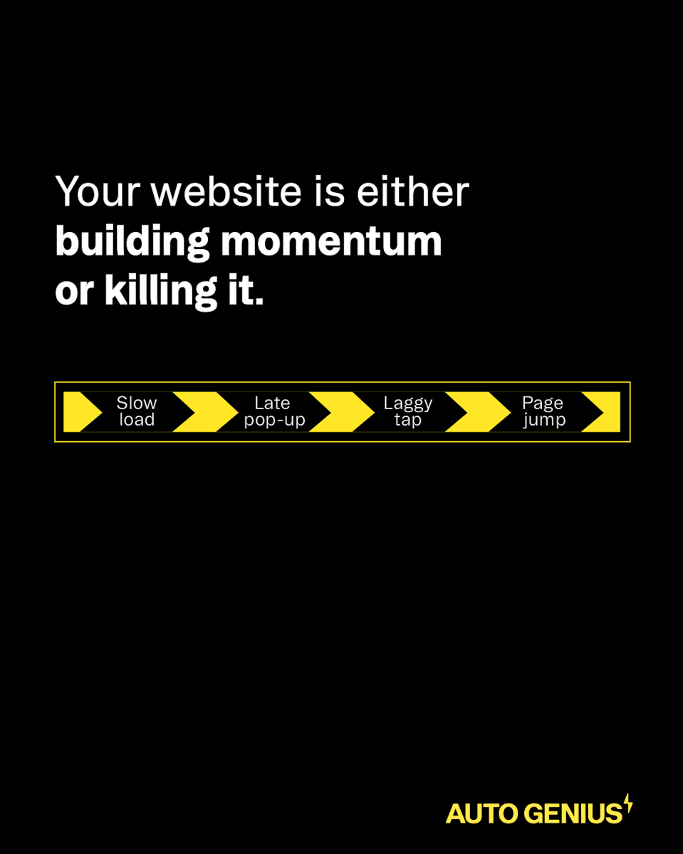 autogeniusio's tweet photo. Every click either moves a buyer forward or slows them down.

A slow load.

A late pop-up.

A laggy tap.

A page that jumps right as they try to click.

None of these moments feel huge in isolation. But together, they chip away at momentum.

And momentum matters.

By the time a shopper reaches your VDP, schedule form, or lead path, your website has already told them what kind of experience to expect.

Make sure it is building confidence, not killing it.