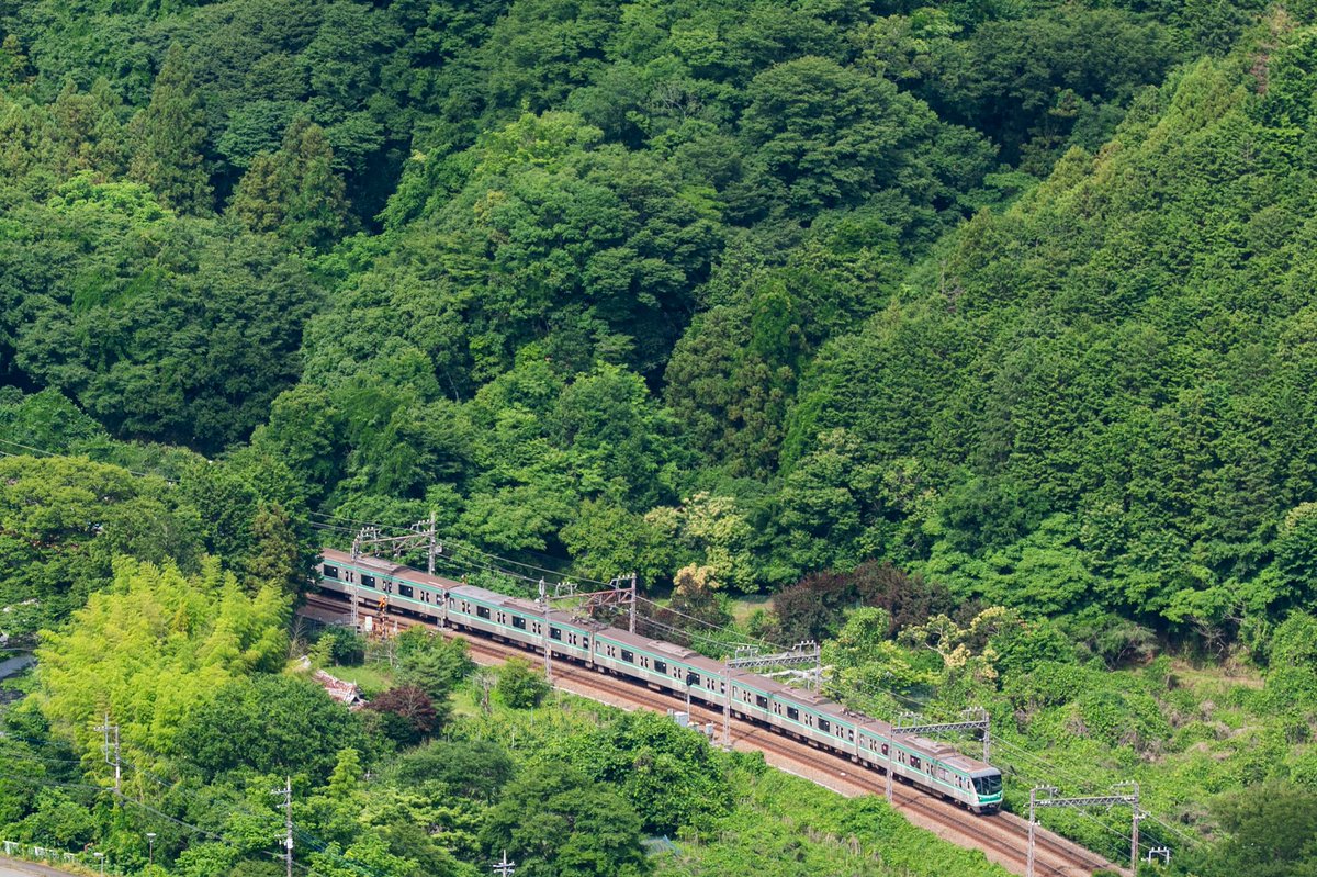 52558264t's tweet photo. 「16000系　新松田へ」

普段大都市の地下で忙しなく働く16000系。
都会の雑踏を抜け出し、小田急No.1の風光明媚な区間へ。

煌めく渓谷に緑のボディ。
ひさびさに心の底からワクワクした撮影でした。

2026.6.8 https://t.co/byFfgTnYVr