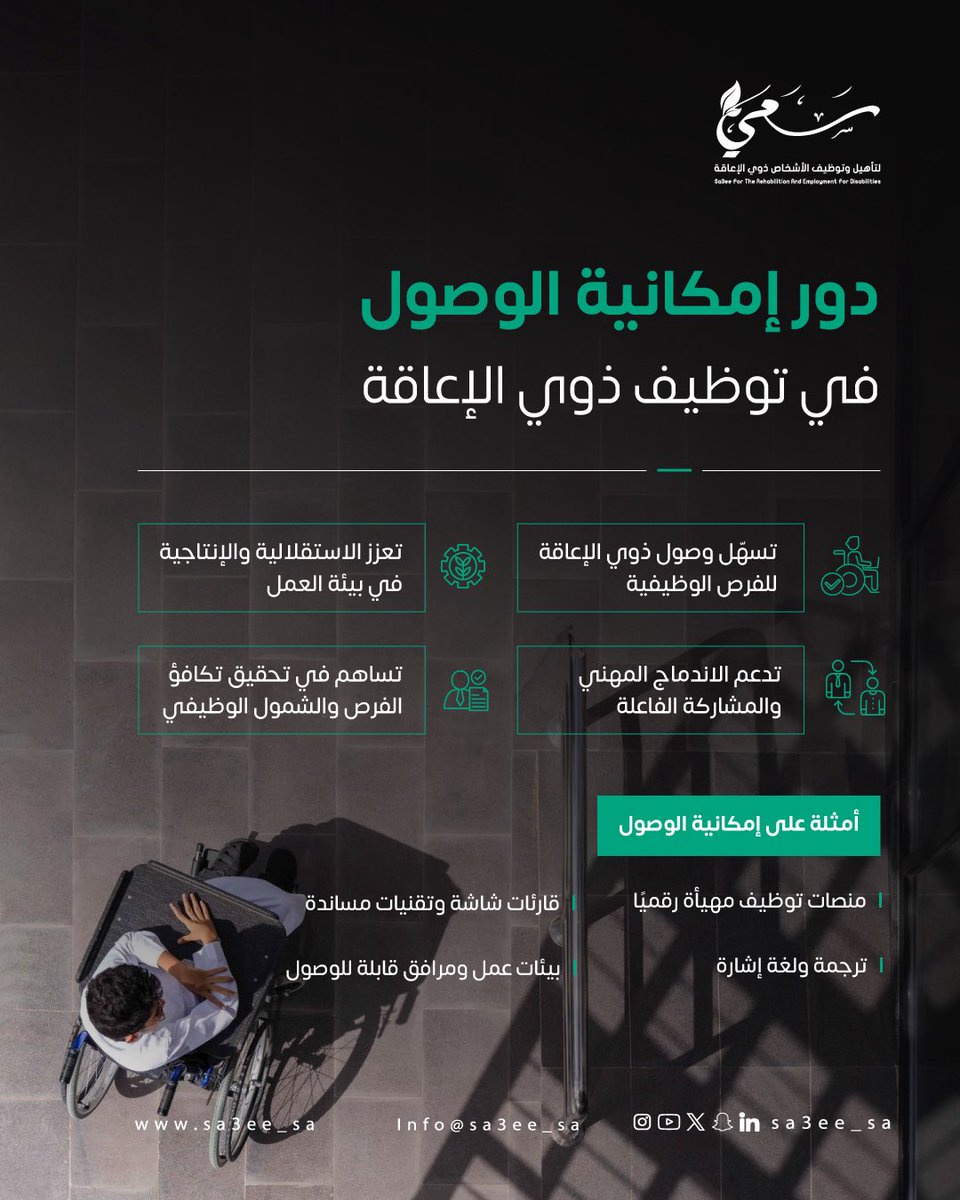 sa3ee_sa's tweet photo. نسعى إلى تعزيز بيئات عمل أكثر شمولاً، تضمن تكافؤ الفرص، وتمكّن الأشخاص ذوي الإعاقة من الوصول إلى إمكاناتهم الكاملة.

|#سعي|🍃
#أثر_ممتد
#الوصول_الشامل https://t.co/XxPrQ7Z6Jy