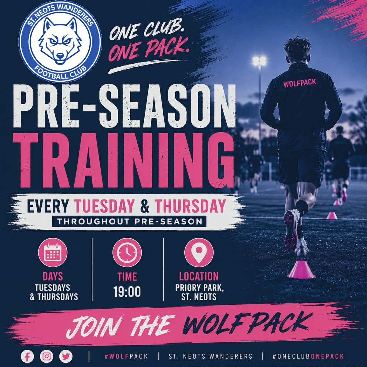 SN_WanderersFC's tweet photo. 🐺 PRE-SEASON TRAINING 🐺

Every Tuesday &amp; Thursday ⏰ 19:00 📍 Priory Park, St. Neots

Open to new and returning players.

⚠️ Tomorrow's session will finish slightly earlier than usual so everyone can catch England's World Cup match at 21:00.

📩 Message us for details. https://t.co/to1Ne1Rw5c
