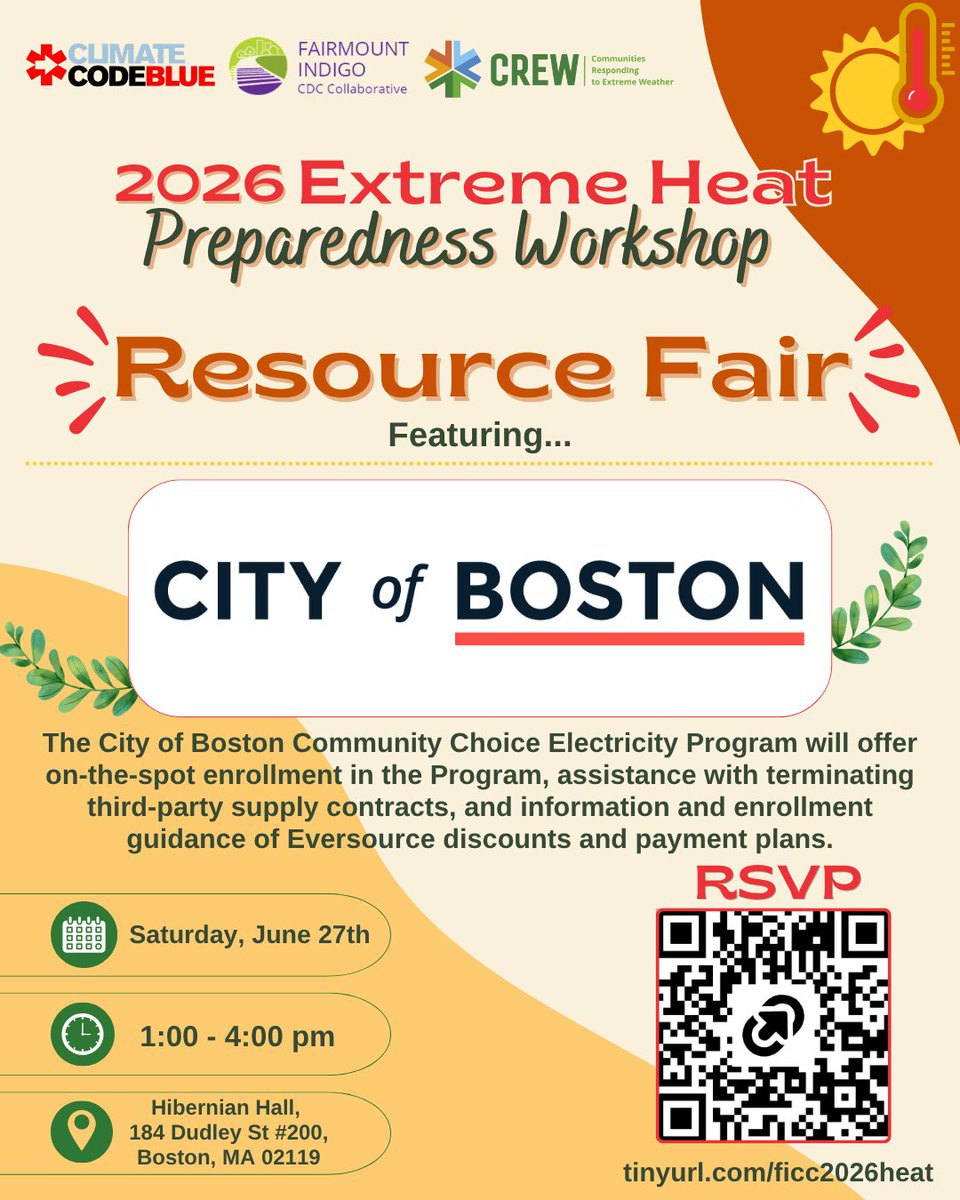 fairmountcollab's tweet photo. 🌡️ 5 days left for our Extreme Heat Preparedness Workshop! Meet one of our Resource Fair partners: the City of Boston Community Choice Electricity Program!

🔗 RSVP and more info at the link in our bio!

 @climatecrews | @BostonEnviro https://t.co/iBwUg6wXNW