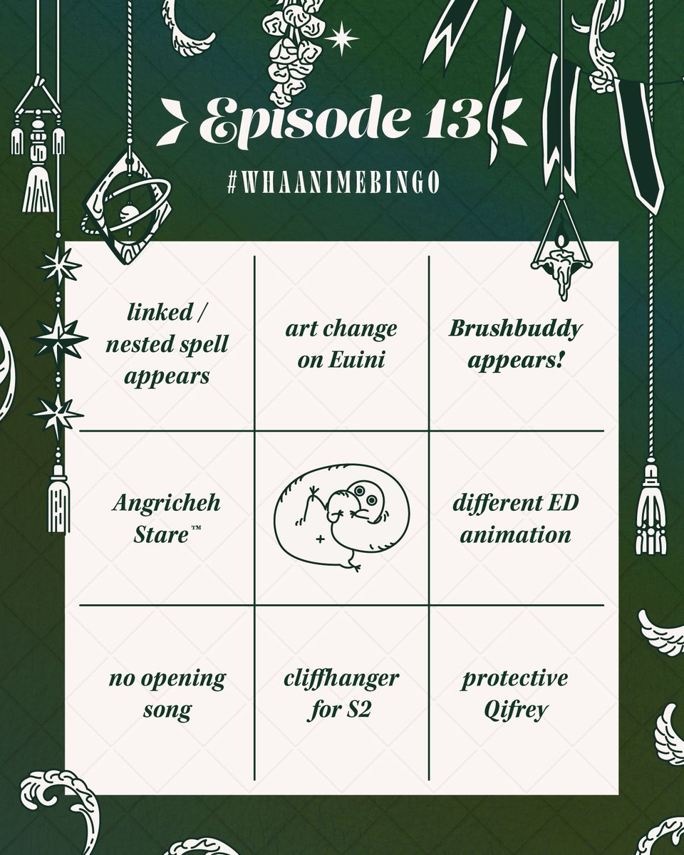 whaspellbook's tweet photo. ✶WEEKLY WHA BINGO✶

It's the final round of weekly wha bingo! We hope you've all had fun playing along with us, and fingers crossed for s2! 🤞🏾 

You can get your own custom board here—
⟢ EP13: https://t.co/Mq7kBifOVH

#WHA #Δ帽子 #WitchHatAtelier https://t.co/HPTOG9ufzj