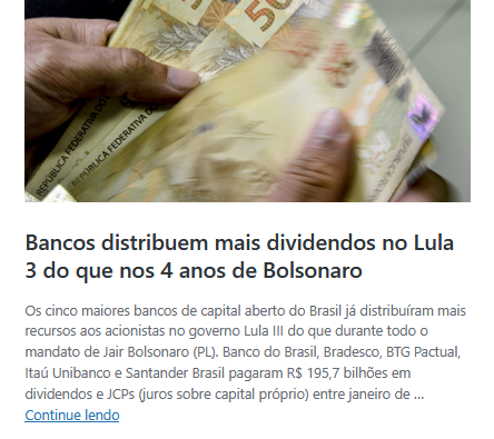 Ajax_Atlas's tweet photo. "Os cinco maiores bancos de capital aberto do Brasil já distribuíram mais  recursos aos acionistas no governo Lula III do que durante todo o  mandato de Jair Bolsonaro (PL)." https://t.co/1wuYRaoND1