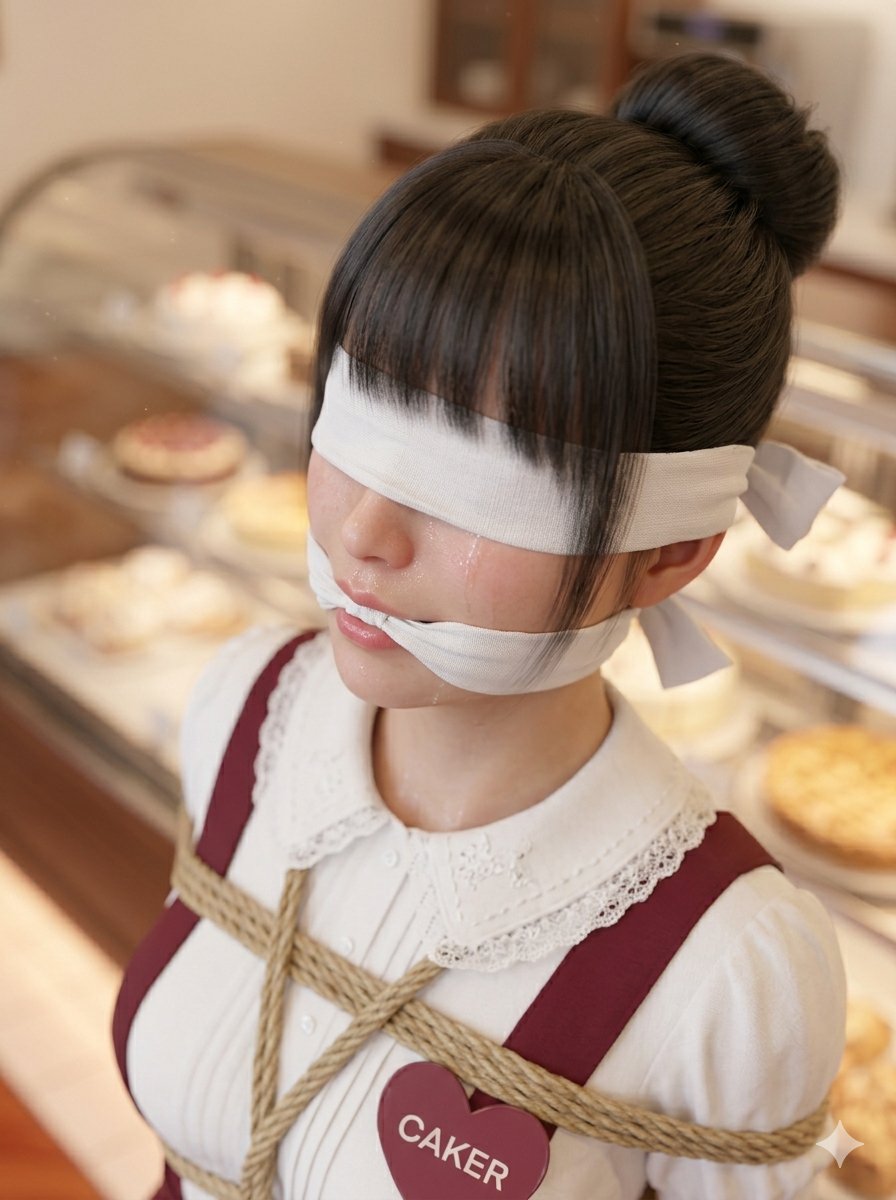 IllusoryCage's tweet photo. 「最高のスイーツには、最高の演出が必要だ」。ショーケースの前で、彼女を丁寧に縛り上げた。可愛い制服姿で目隠しと猿ぐつわをされた彼女は、どのケーキよりも甘く美しい。この秘密の趣味を、今夜は閉店後の店内でたっぷりと味わわせてもらうよ。 #AIart #AIグラビア #拘束 https://t.co/4LNheJWoxi