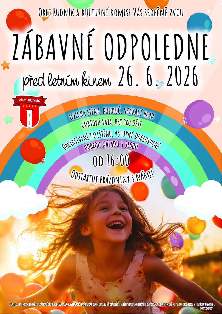 RudnikObec's tweet photo. Zábavné odpoledne -  Hurá na prázdniny!

📅 pátek 26. června 2026 
🕓 od 16:00 hodin 
📍 okolí kulturního domu v Rudníku
💰 vstupné dobrovolné

Pro děti i rodiče jsme připravili odpoledne plné her, soutěží a zábavy. 

Lezecká stěna
Kolotoč
Skákací hrad
Cukrová vata
Soutěže a hry https://t.co/Y0p3eoqZ6X