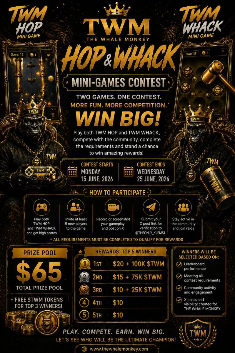 justprotocol's tweet photo. Dear grinders,

If $10-$20 is not too small for you

Hurry up and check out @TWM20724  Community Contest ! 

🎁Reward is confirmed for top 5 Winners

🥇 1st — $20 + 100K $TWM
🥈 2nd — $15 + 75K $TWM
🥉 3rd — $10 + 25K $TWM
🏅 4th — $10
 🎖  5th — $10

Full details...👇

How to get in?

📍Join the community: https://t.co/pX2xRmE8zb

📍Visit the project site:  https://t.co/goHpxm5kGl

Play TWM HOP and TWM WHACK, compete for the top spot, and earn rewards plus free $$ & $TWM 💰

Stay active in the community, invite friends, and rack up points. 

More details on scoring will be shared soon.

Timeline: 📅 June 15 – June 25

Let me know if you are jumping on this and i just might push you..

All the best.

Repost.
