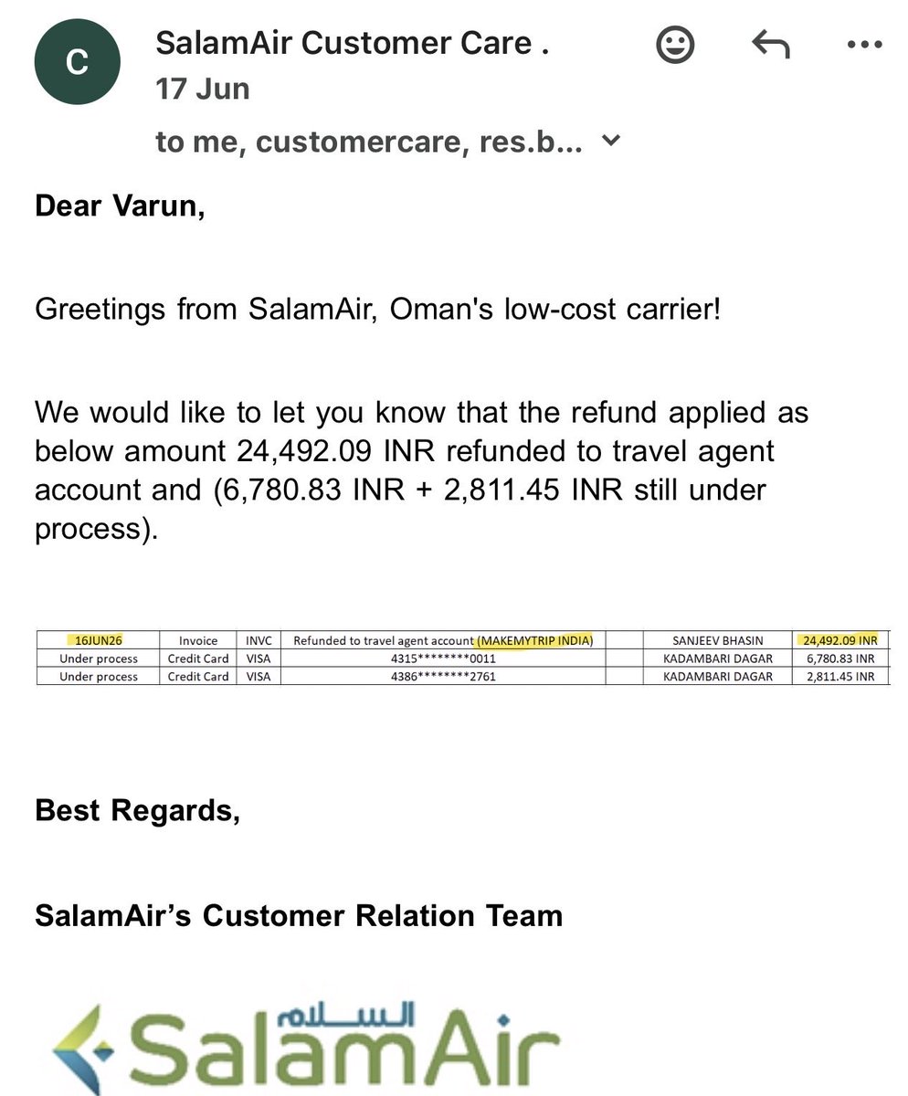 varundagar007's tweet photo. @makemytripcare They have not provided that info, see their email. For my addons they are refunding directly to my cards . https://t.co/QGSqgrmC0m