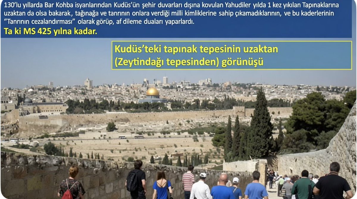 Spinoza_mind's tweet photo. 9.  Arafat’ın Av 9’un Tabernacle geleneğini devam ettiren tapınaktan uzak kalan Yahudilerin bir geleneği olduğu açık ve net ortada. Arap, Zilhicce 9 ve İbrani, Av 9 ayı iki toplumun takvimleri ayrışmadan önce aynı aydı. 

Zilhicce’nin 9. günü (Av 9 gibi) Mekke’nin 21 km doğusunda olan Arafat’a çıkmak vakur bir biçimde  hüzün içinde dua ederek beklemek, Yahudilerin Zeytin Dağında yıkılan Süleyaman’ın Tapınağını uzaktan izleyerek yaptığı hüzünlü törenin bir yansımasıdır. Alttaki postta bugünkü Zeytin Dağından Tapınağın görünüşü. Zeytin tepesindeki ve Arafattaki ritüel aslında tapınağın yıkımına karşı bir hüzün ve af dilemedir. Ama tabi İslam bu öyküyü size farklı anlatır.