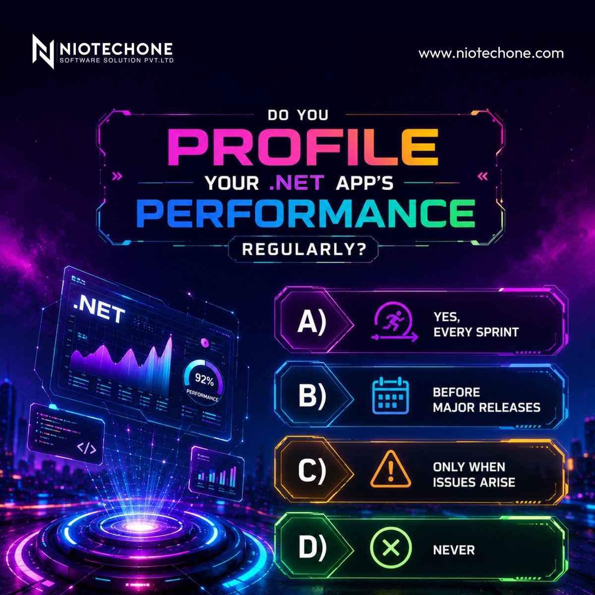 HemangiTrend's tweet photo. 📊 Do you profile your .NET application's performance regularly?
A) ✅ Yes, every sprint
B) 🚀 Before major releases
C) 🔍 Only when issues arise
D) 😅 Never
Performance bottlenecks are easier to fix when found early. What's your approach?
#dotnet #csharp #ASPNETCore https://t.co/Oc0jDWqbAg