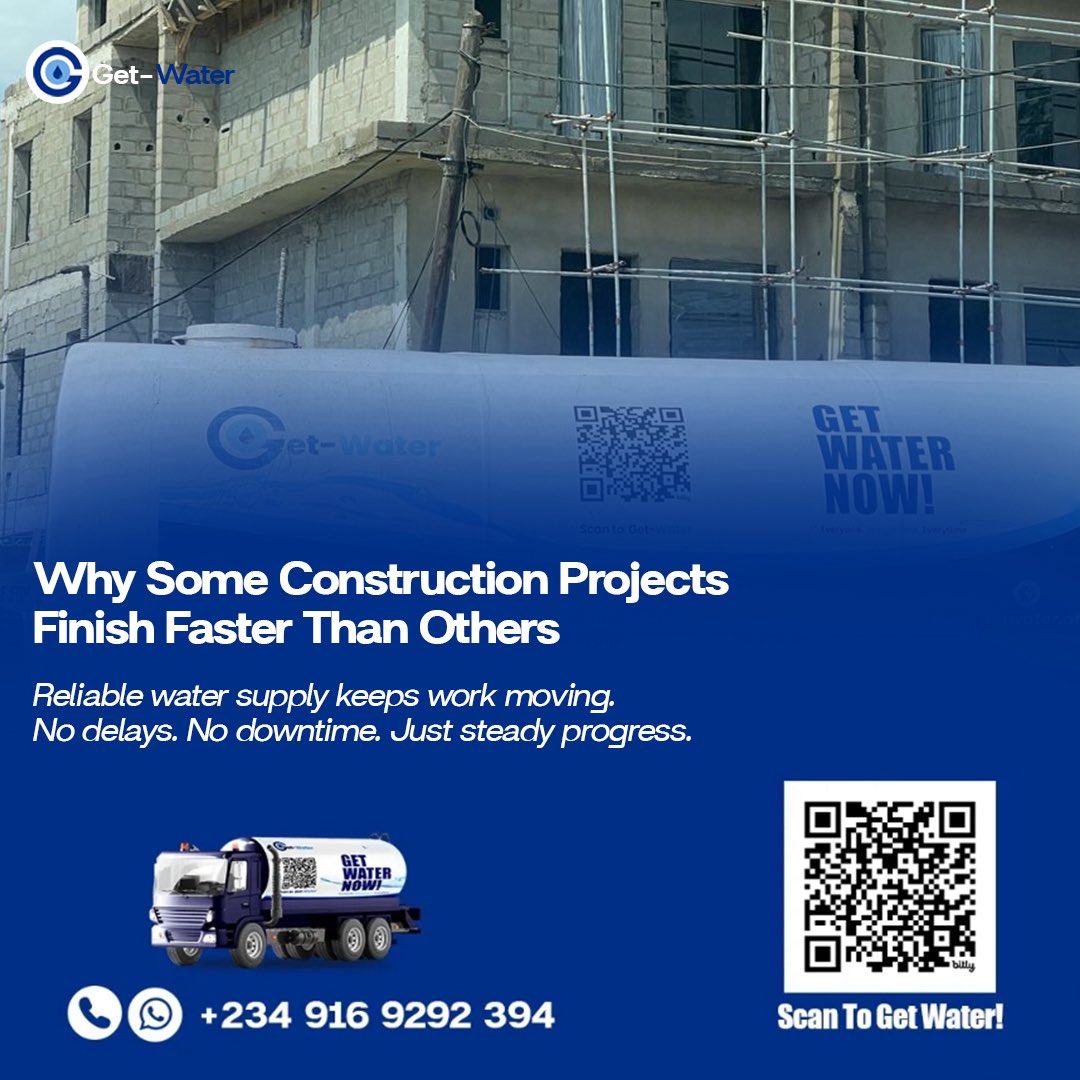 getwaterng's tweet photo. Some construction projects finish faster because they never run out of what keeps work moving—water.

Reliable supply
Timely delivery
Less downtime

Keep your project on schedule with GetWater.

#GetWater #Construction #WaterSupply #BuildBetter #ConstructionNigeria #Rea https://t.co/yTu0u7iwYL