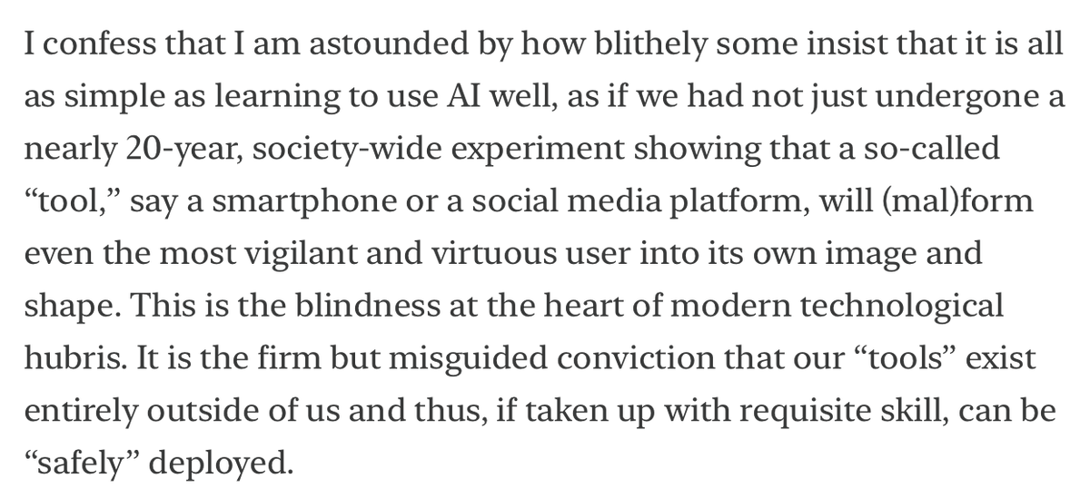 LMSacasas's tweet photo. Your AI is not a tool. It is an environment, and you and I are in it. https://t.co/rlBfRYpJlf