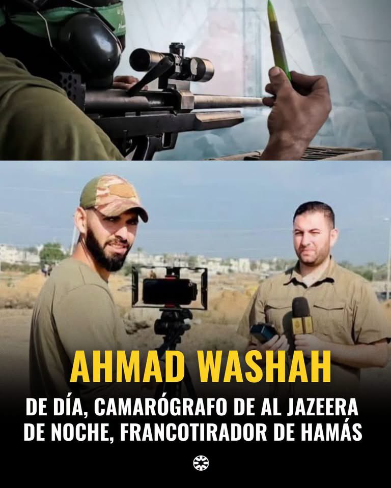 IsraelinMexico's tweet photo. Ahmad Washah sabía apuntar, tanto con el visor de una cámara como con el rifle de un francotirador.

Este terrorista participó en ataques y se presentaba como camarógrafo de Al Jazeera.

Su hermano, Mohamed Washah, era un importante operativo de Hamás empleado por Al Jazeera. https://t.co/CnytCU57lK
