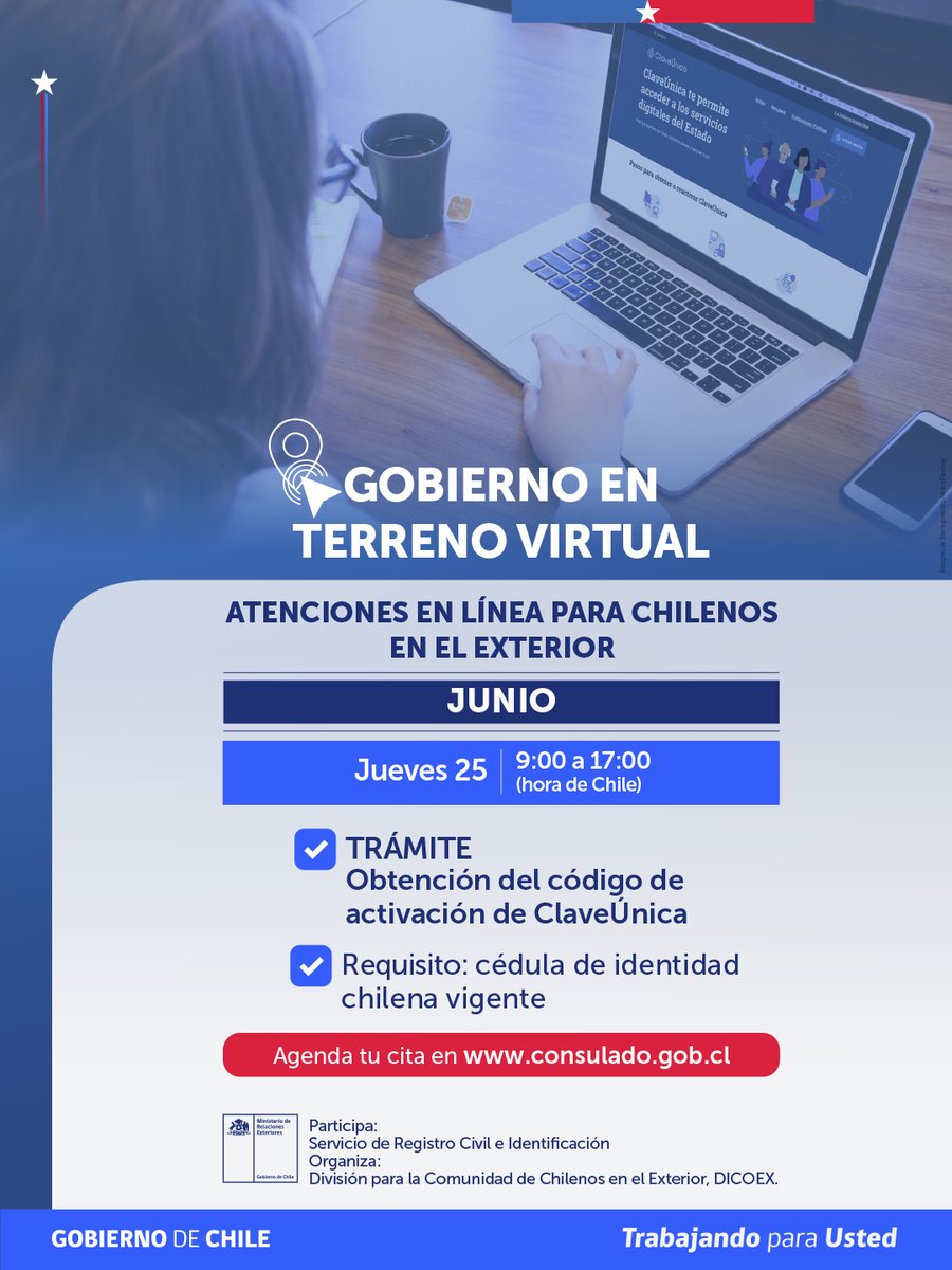 ConsulBariloche's tweet photo. ¡Atención chilenos en la Patagonia 🇦🇷!
¿Necesitas tu #ClaveÚnica? 
Conéctate al Gobierno en Terreno Virtual del 25 de junio y obtén tu código de activación sin salir de casa.
🕘 09:00 a 17:00 h. (Chile)
Más información en https://t.co/vuJebmvp8G https://t.co/0iWdoPPCRa