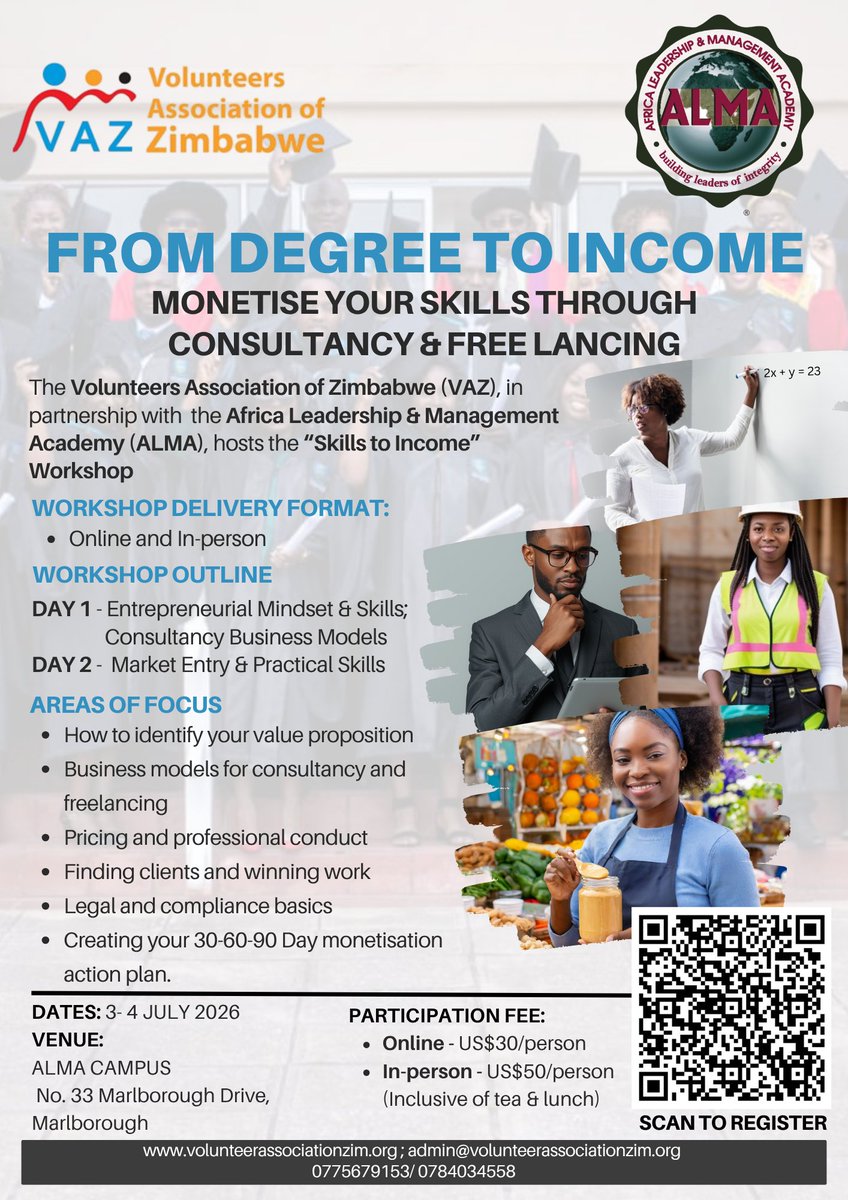 VolunteersZim's tweet photo. 10 DAYS TO GO!!
Do not postpone a decision that could change your life!

Enrol for skills Training and discover new ways to create opportunities for yourself!

Registration is in progress on WhatsApp numbers +263 775679153 and +263 784034558 or Scan the QR Code below. https://t.co/XixvhXc4t7